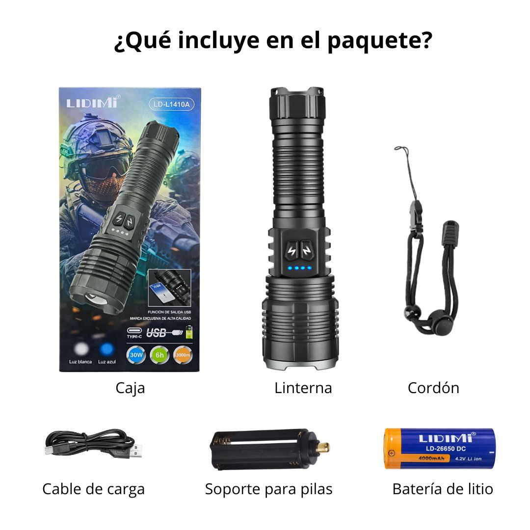 Linterna Recargable Lidimi LD-L1410A con Zoom Telescópico USB Tipo C y Power Bank