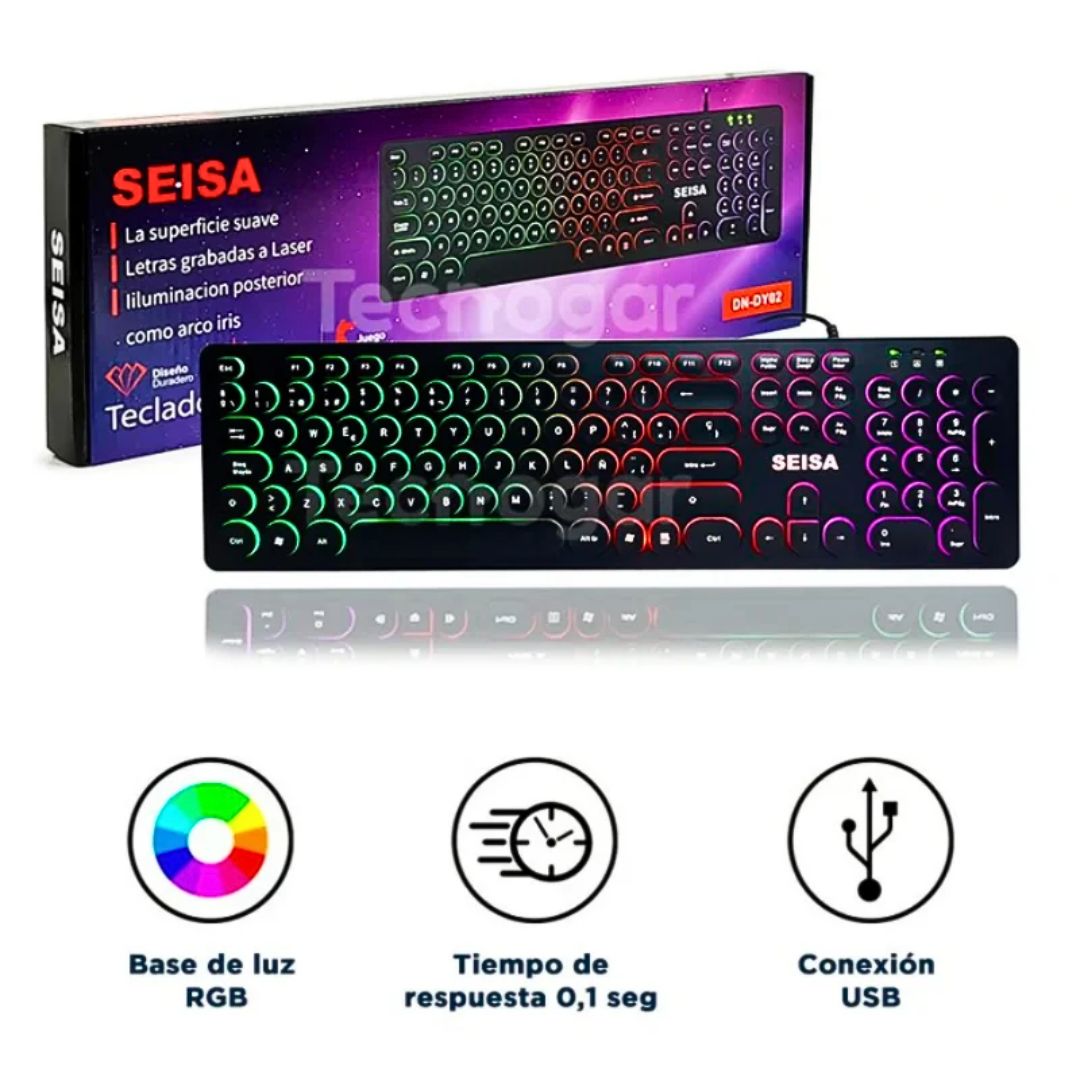 Teclado Gamer Retroiluminado SEISA DN-DY02 – Iluminación Arcoíris y Teclas Reforzadas