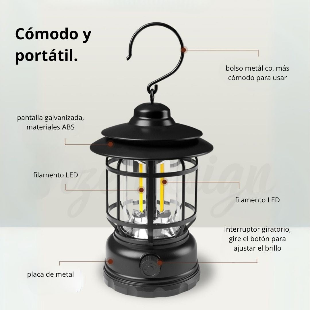 Lámpara LED Recargable Retro para Camping con Gancho IPX4 800 mAh