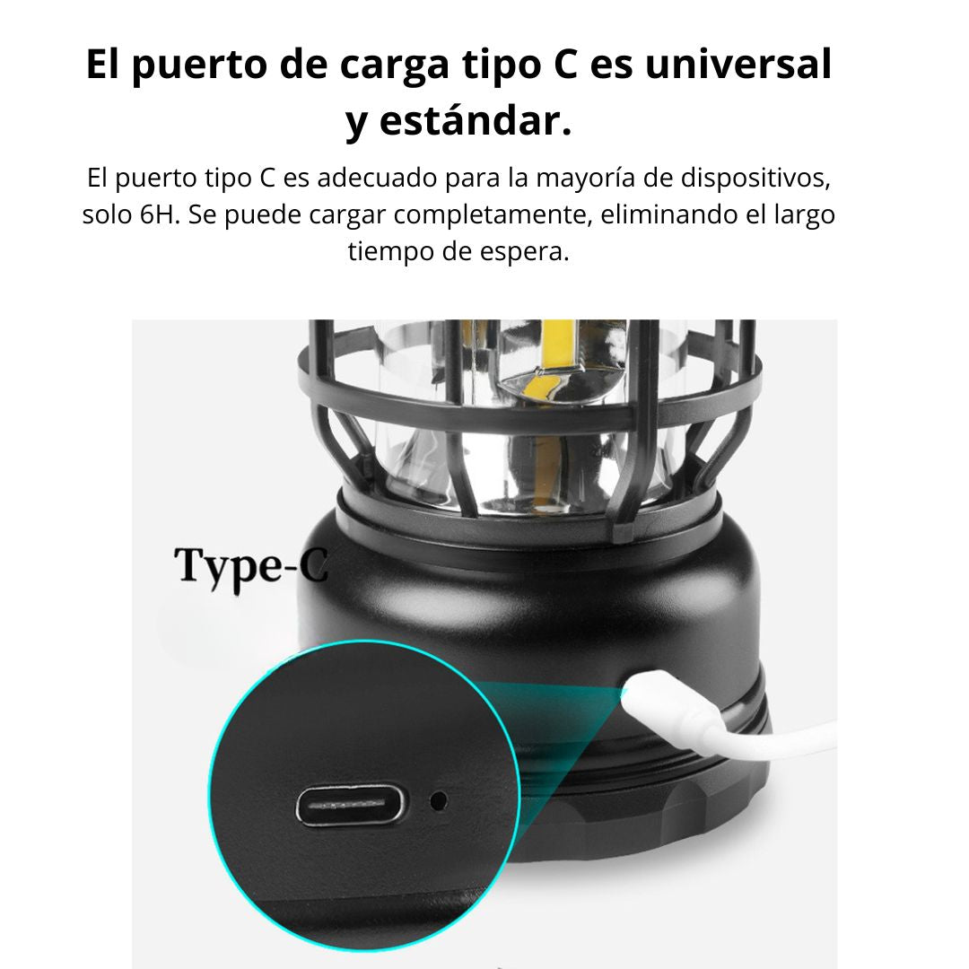 Lámpara LED Recargable Retro para Camping con Gancho IPX4 800 mAh