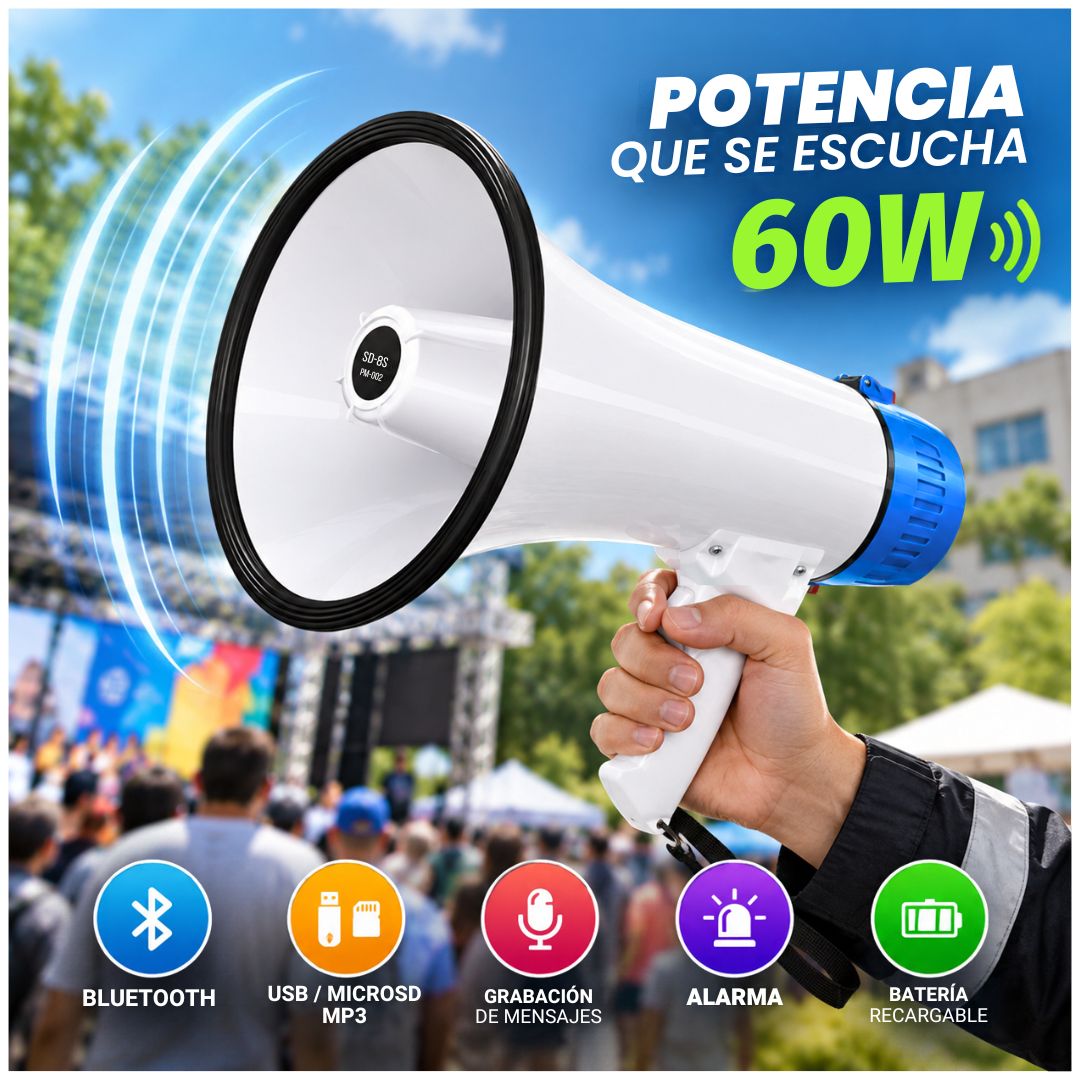 Megáfono CAFINI 60W Bluetooth Recargable con Grabación USB MicroSD