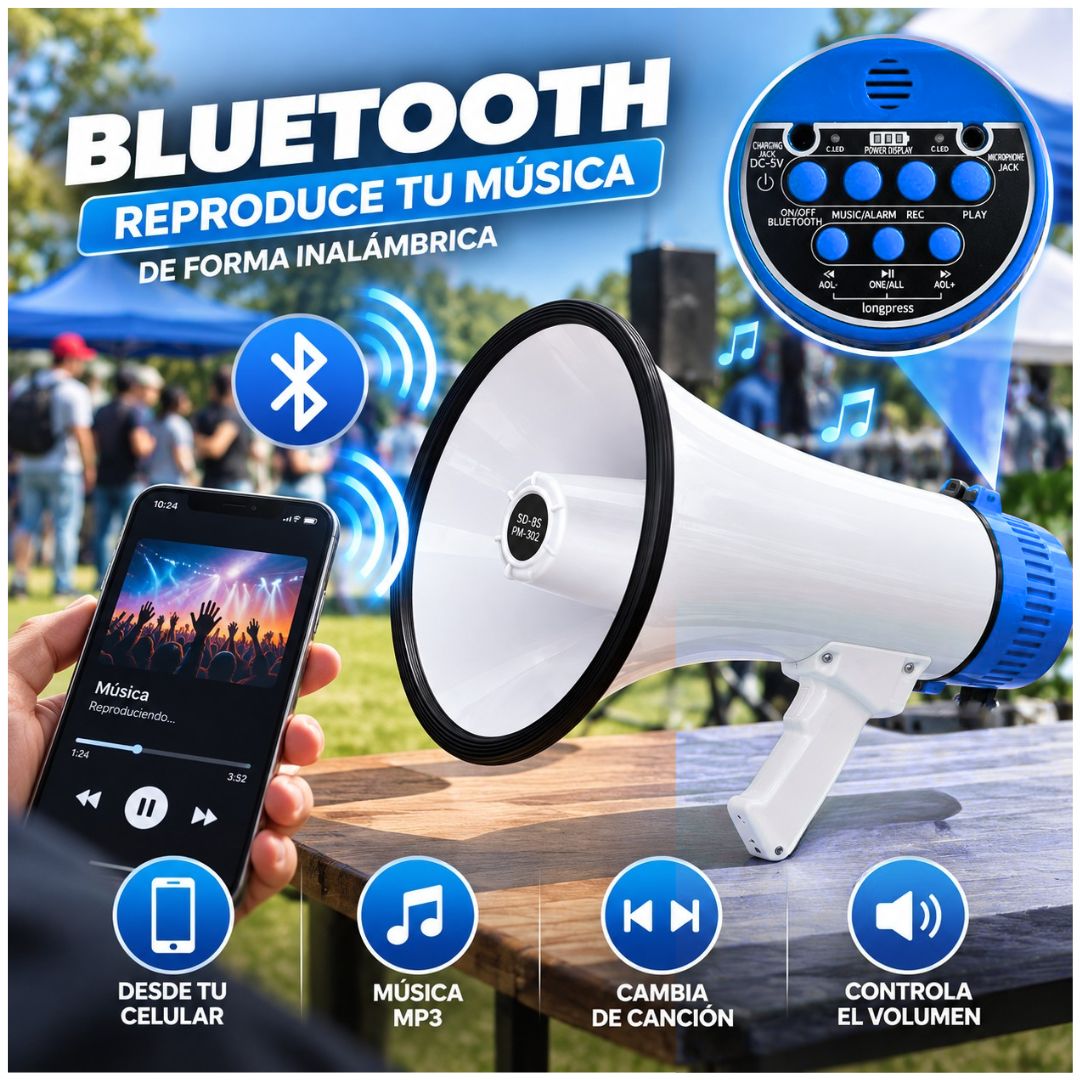 Megáfono CAFINI 60W Bluetooth Recargable con Grabación USB MicroSD