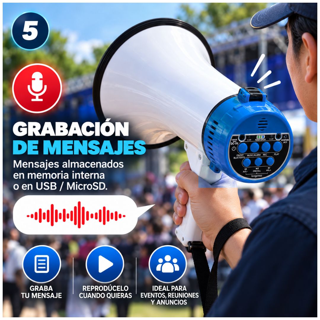 Megáfono CAFINI 60W Bluetooth Recargable con Grabación USB MicroSD