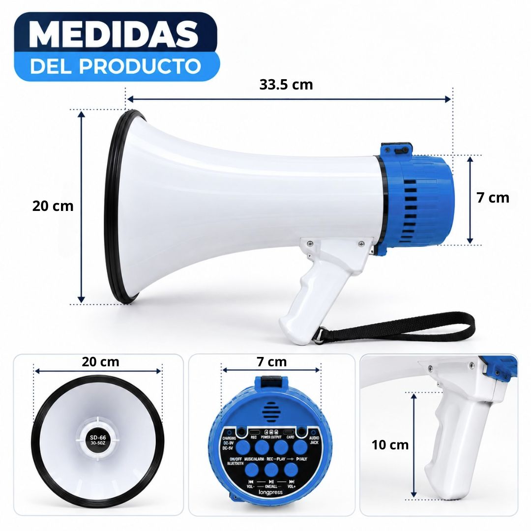 Megáfono CAFINI 60W Bluetooth Recargable con Grabación USB MicroSD
