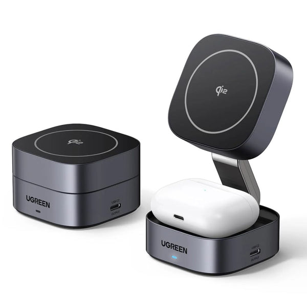 Cargador Inalámbrico Magnético UGREEN W702 Qi2 2 en 1 15W para iPhone AirPods