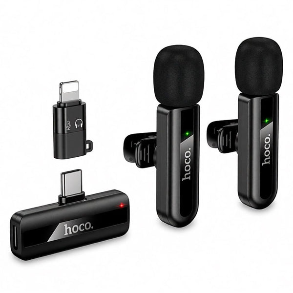 Micrófono Solapero Inalámbrico Doble Hoco L20A USB-C y Lightning para Celular con Reducción de Ruido