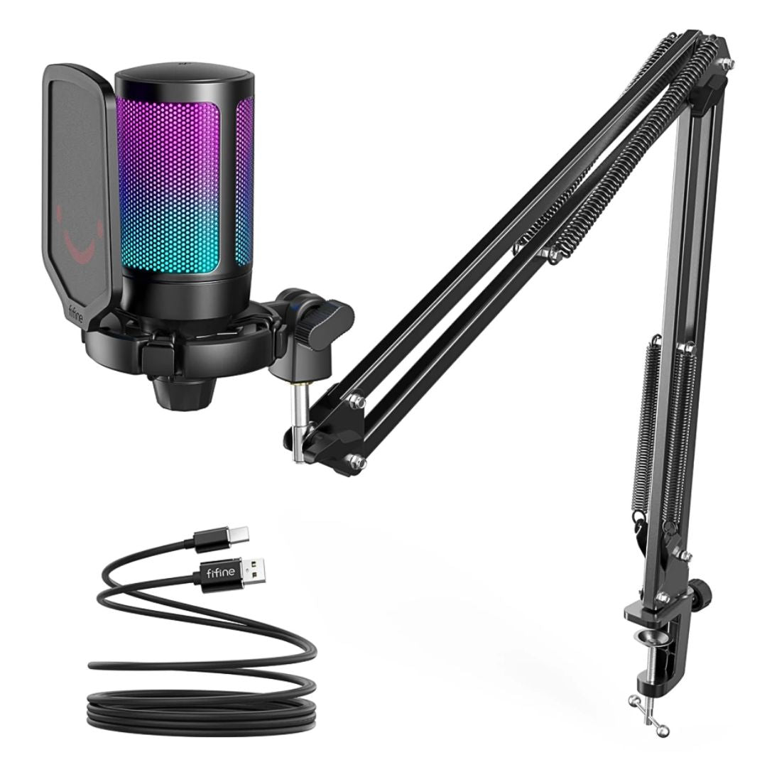 Micrófono Gamer FIFINE AmpliGame A6T RGB USB para Streaming con Brazo y Antipop