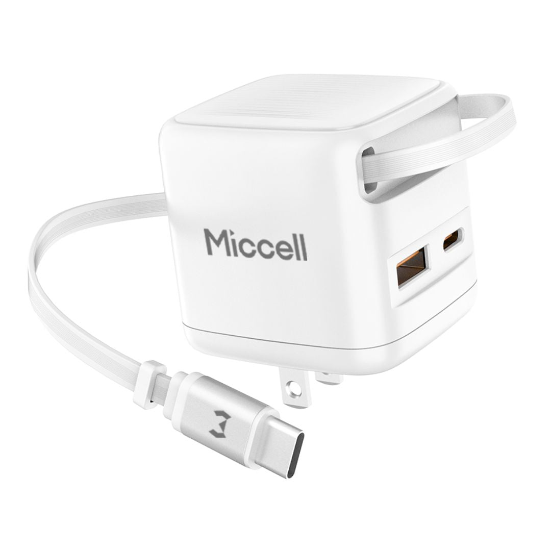 Cargador GaN 35W USB-C USB-A Carga Rápida con Cable Retráctil Miccell VQ-T62