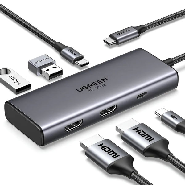 Hub USB-C UGREEN 6 en 1 Dual HDMI 8K 30Hz 4K 60Hz 100W para Laptop CM498