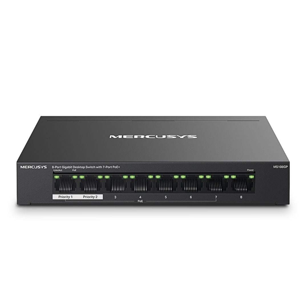 Switch PoE+ Gigabit 8 Puertos Mercusys MS108GP 7 PoE+ 65W para Cámaras IP
