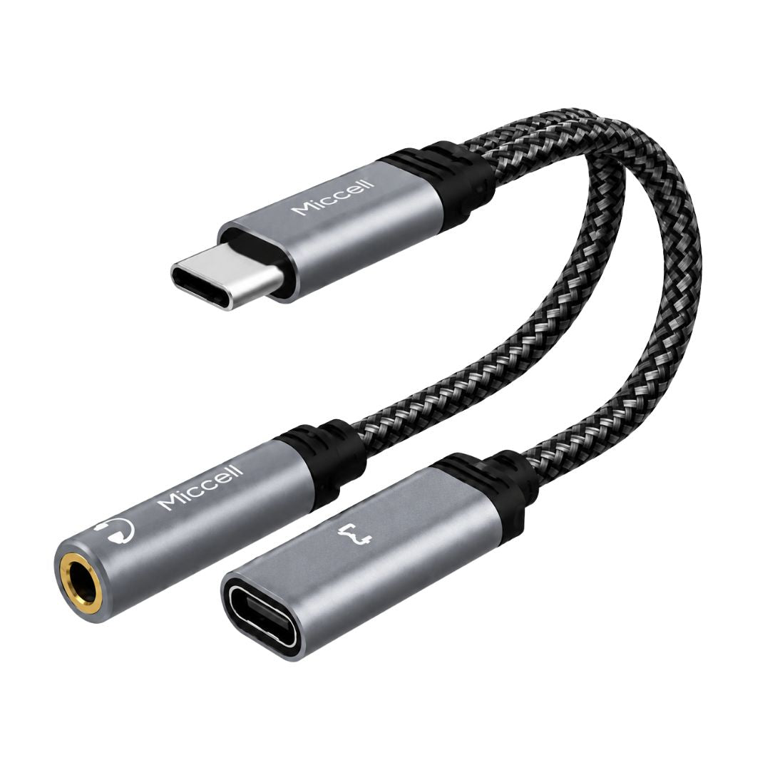 Adaptador USB-C a Jack 3.5mm y Carga USB-C Miccell 2 en 1 para Smartphone y Tablet