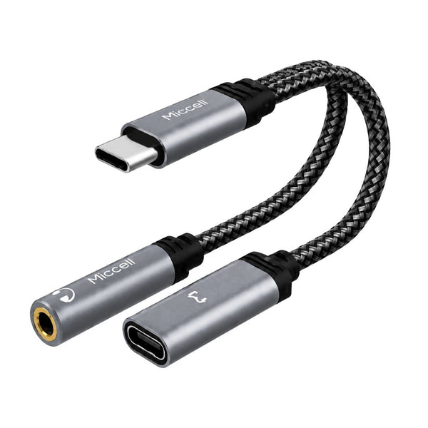 Adaptador USB-C a Jack 3.5mm y Carga USB-C Miccell 2 en 1 para Smartphone y Tablet