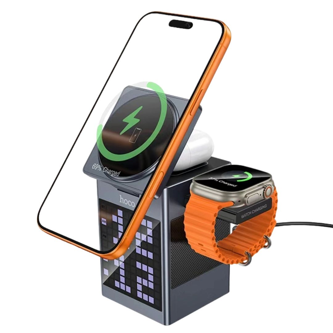 Estación de Carga Hoco DWQ04 3 en 1 15W con Parlante Bluetooth y Reloj Despertador