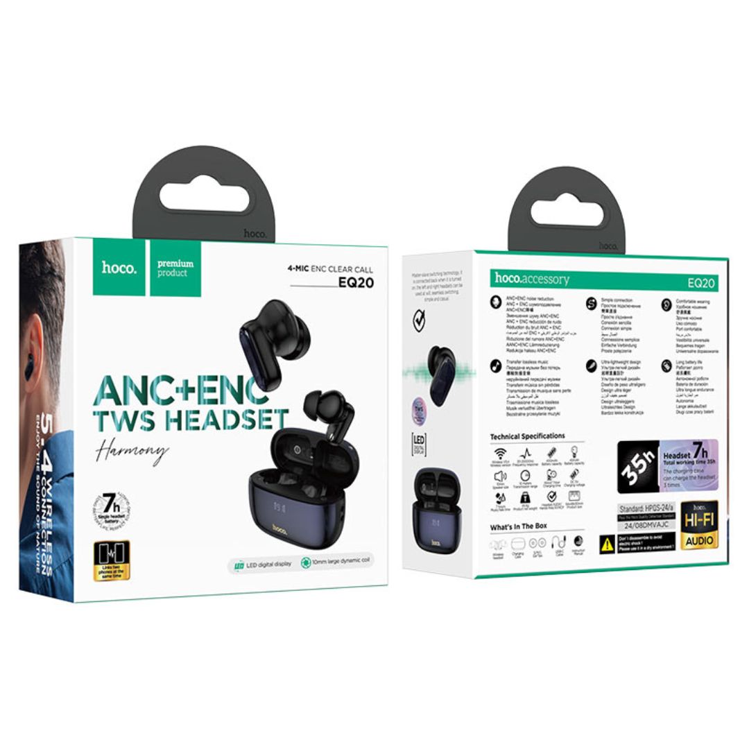 Audífonos Bluetooth Hoco EQ20 Rhyme TWS con ANC, ENC, 4 Micrófonos, Pantalla LED y Bluetooth 5.4