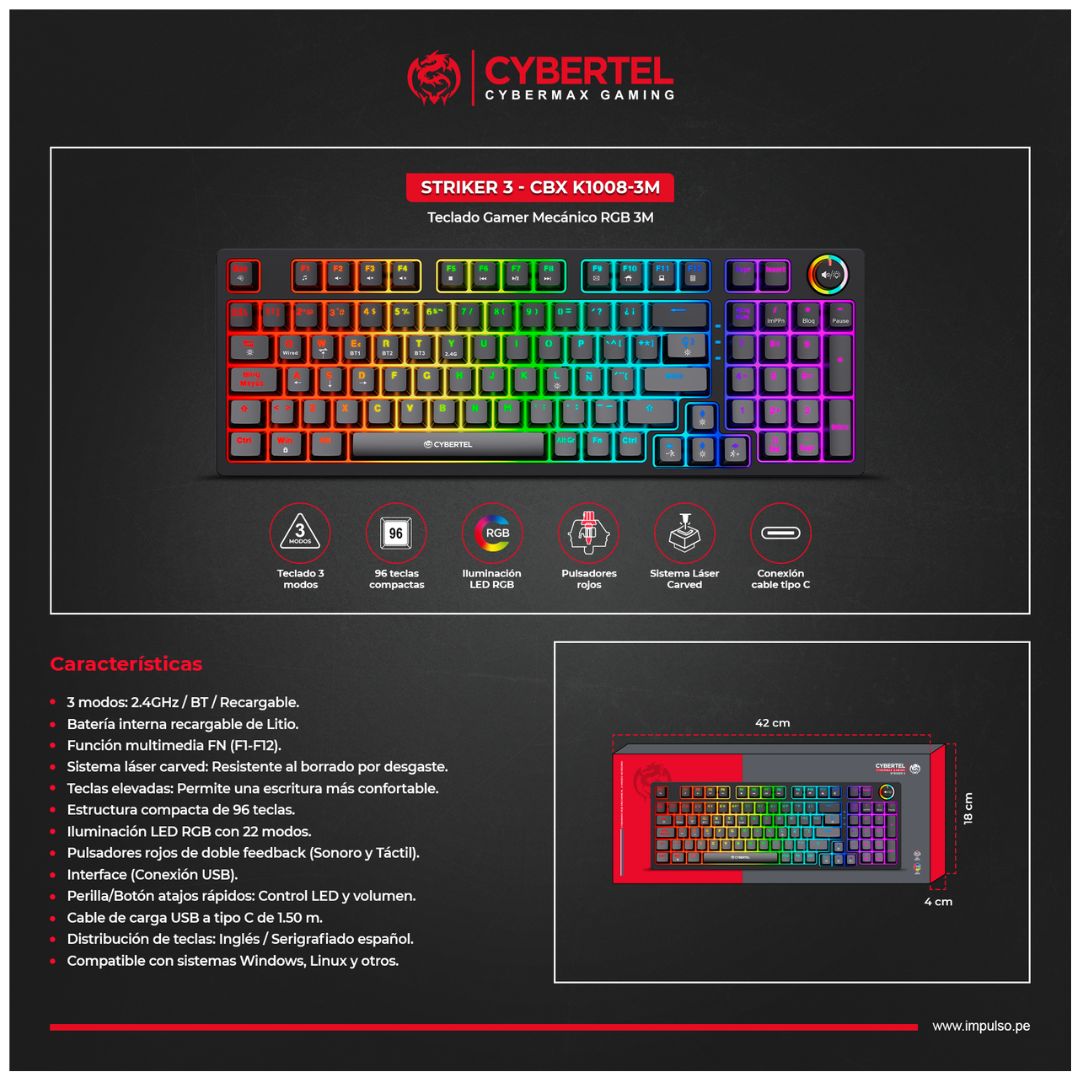 Teclado Gamer Mecánico Cybertel K1008-3M RGB Bluetooth 2.4G