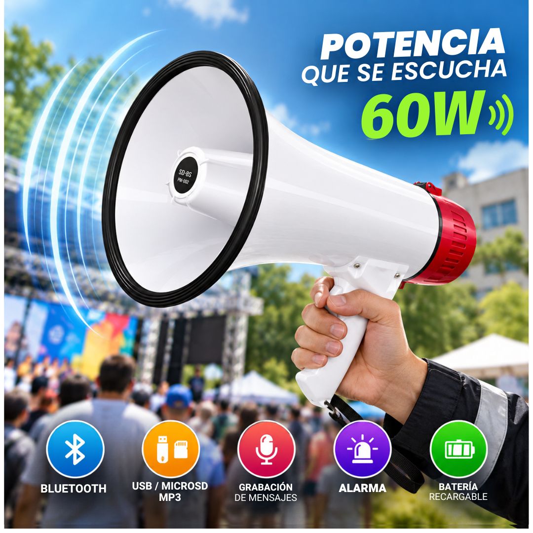 Megáfono CAFINI 60W Bluetooth Recargable con Grabación USB MicroSD