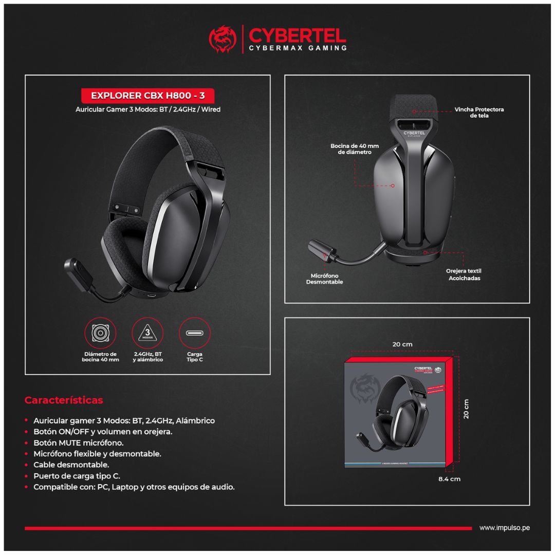 Audífonos Gamer Cybertel H800-3 Bluetooth 2.4GHz Cableado