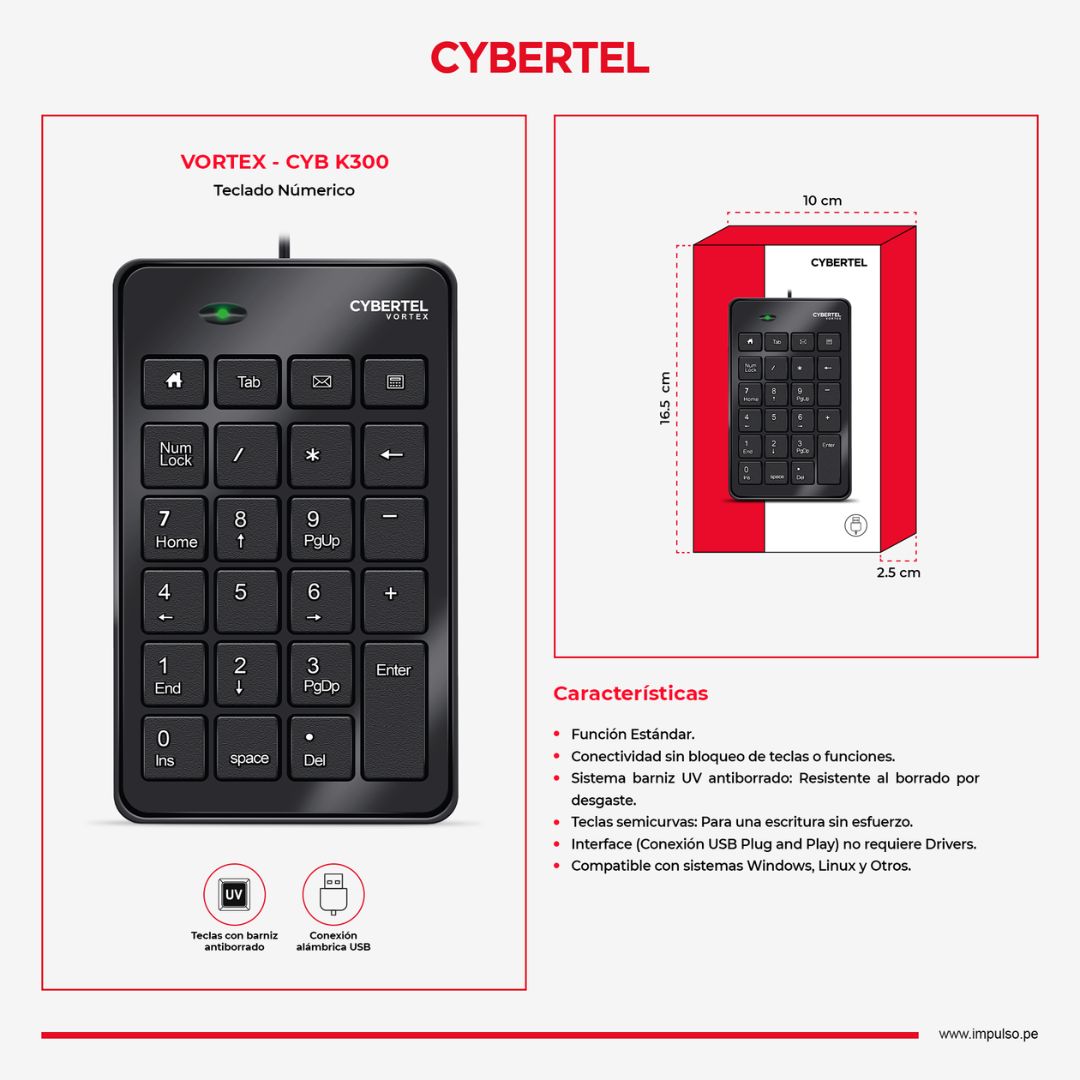 Teclado Numérico USB Cybertel Vortex K300 Plug & Play