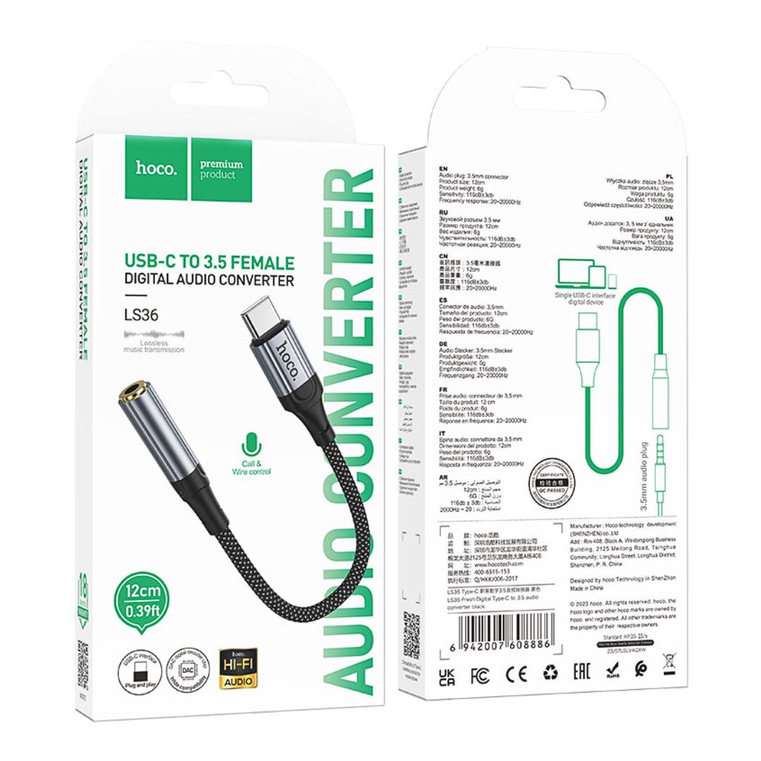 Adaptador USB Tipo C a Jack 3.5 mm Hoco LS36 para Audífonos Micrófono y Llamadas