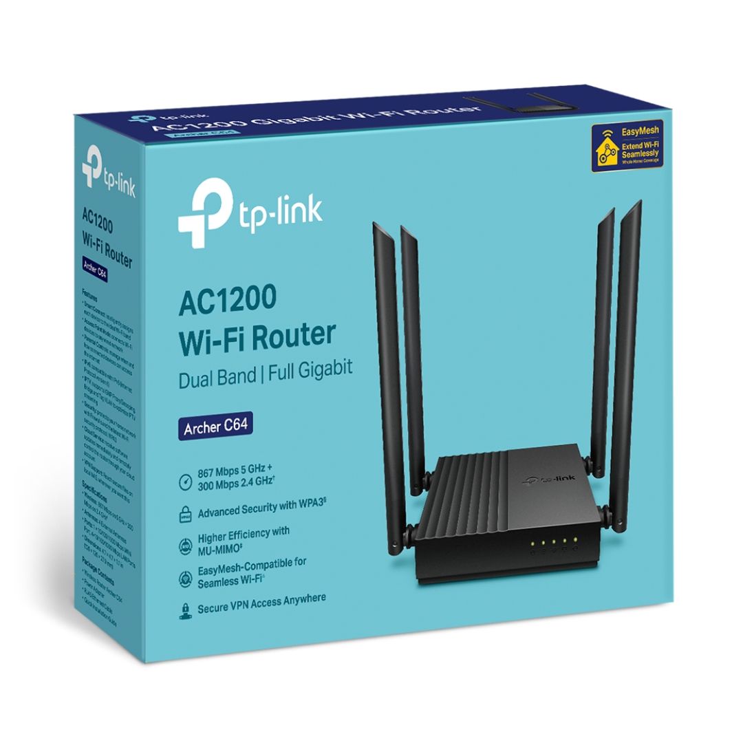 Router WiFi TP-Link Archer C64 AC1200 Doble Banda Gigabit MU-MIMO con 4 Antenas