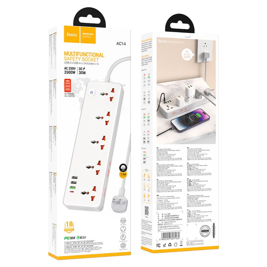 Regleta Eléctrica Hoco AC14 Rico con 5 Tomas 3 USB-A USB-C PD 30W QC 3.0 y Cable de 1.5 m