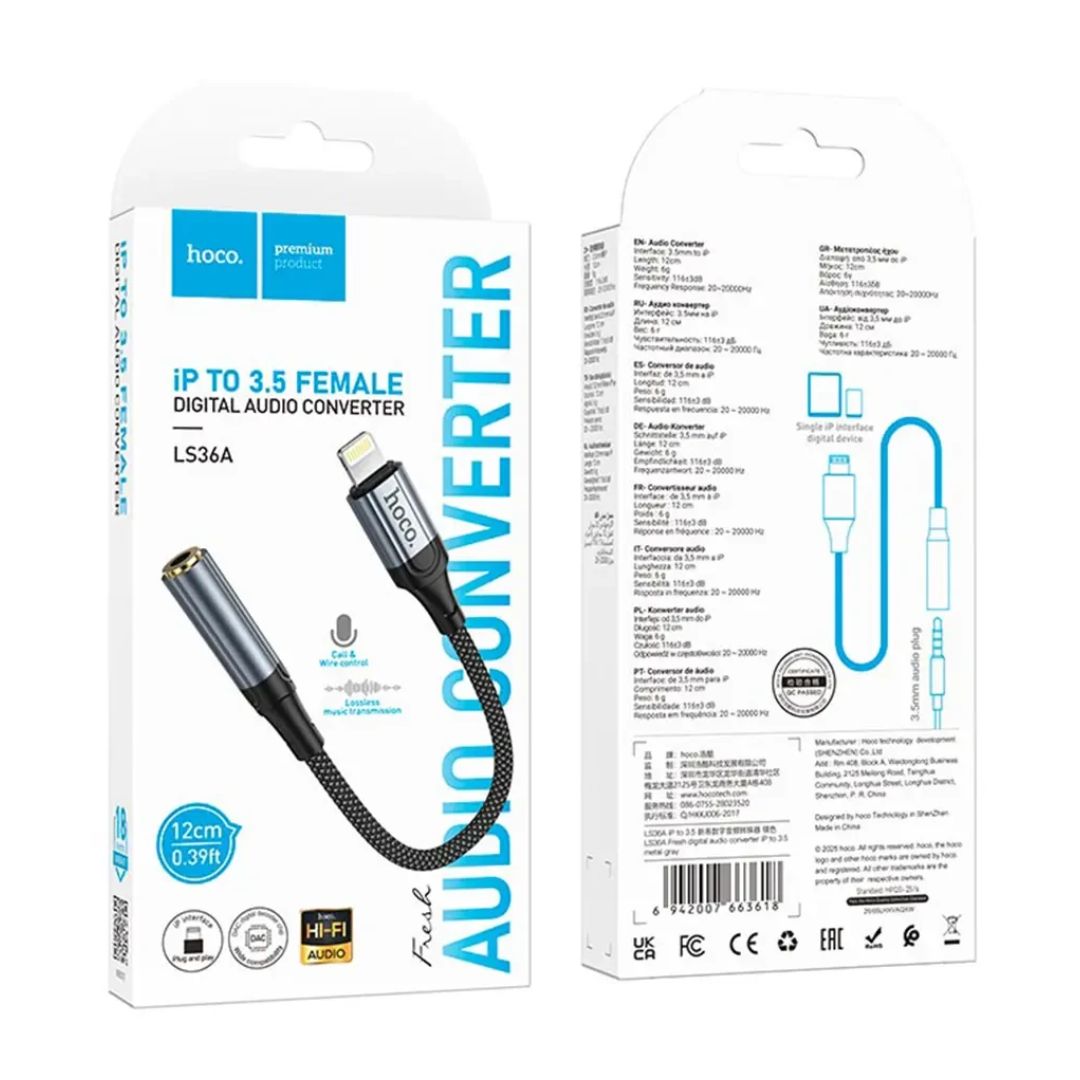 Adaptador Lightning a Jack 3.5mm Hoco LS36A para iPhone Audífonos y Llamadas