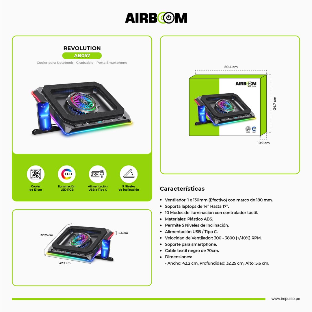 Cooler para Laptop AirBoom Revolution AB-057 RGB 17” con Soporte Celular