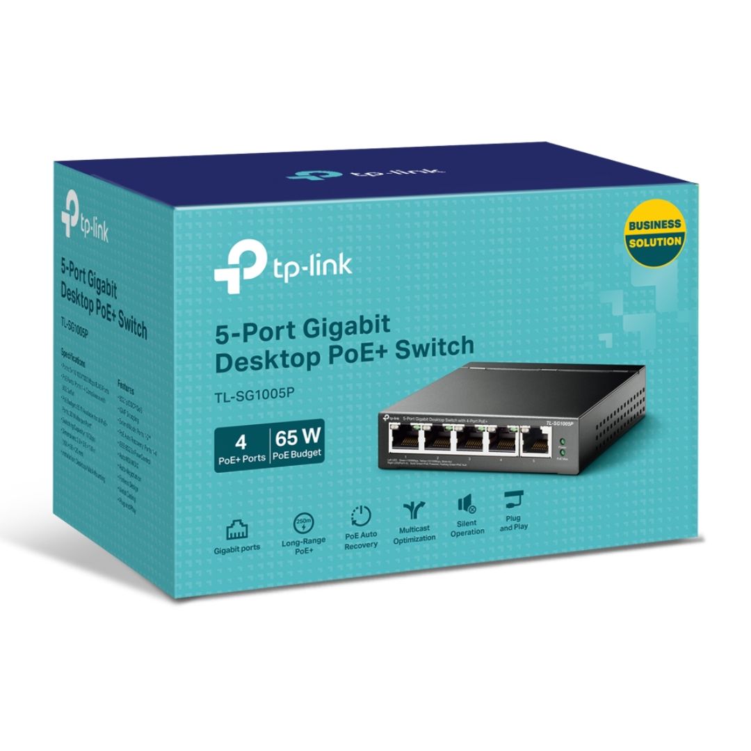 Switch PoE Gigabit 5 Puertos TP-Link TL-SG1005P 4 PoE+ 65W para Cámaras IP