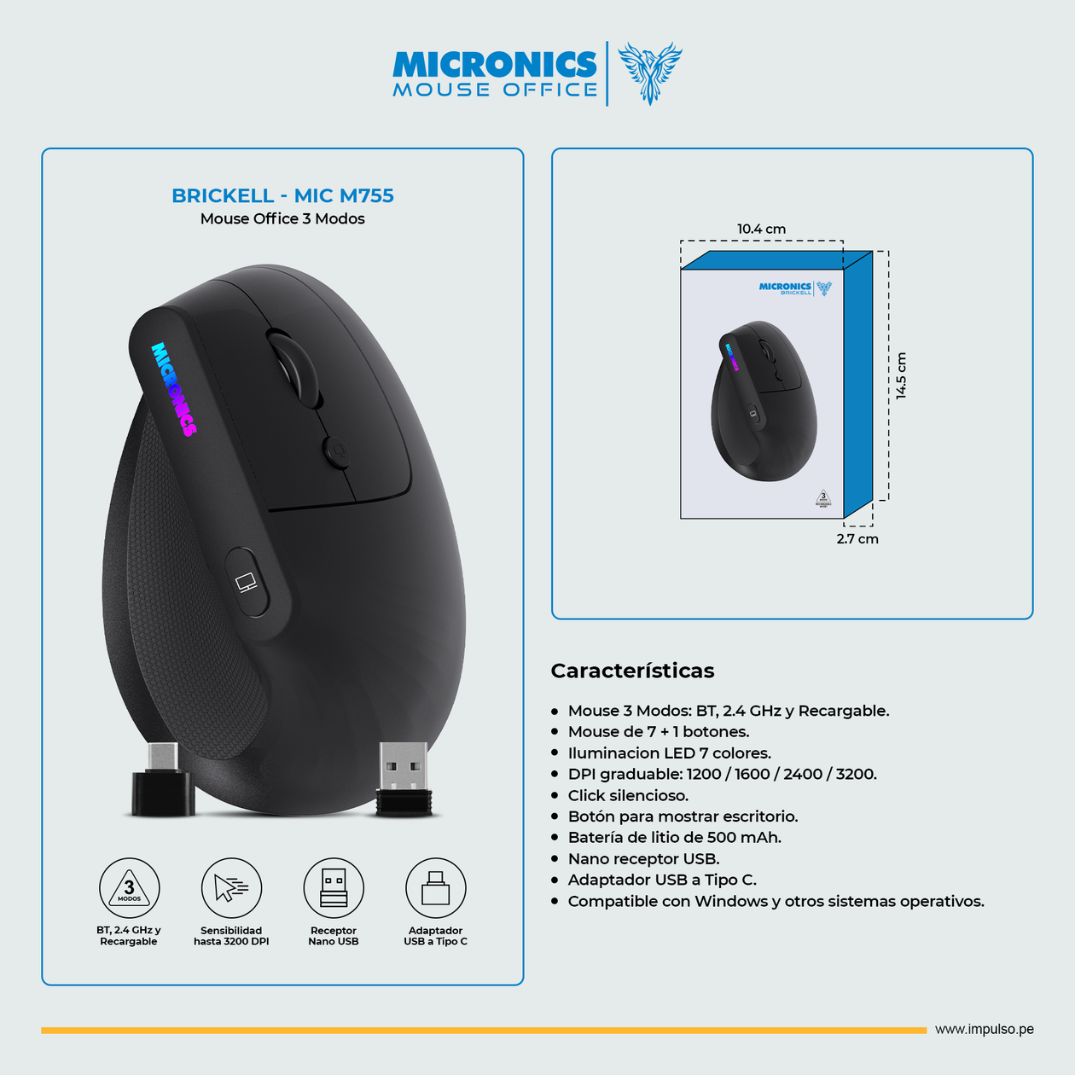 Mouse Vertical Ergonómico Micronics M755 Bluetooth 2.4GHz Recargable 3200 DPI