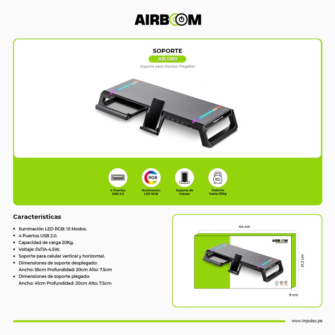 Soporte Elevador para Monitor AirBoom AB 089 RGB 4 USB 20kg con Porta Celular