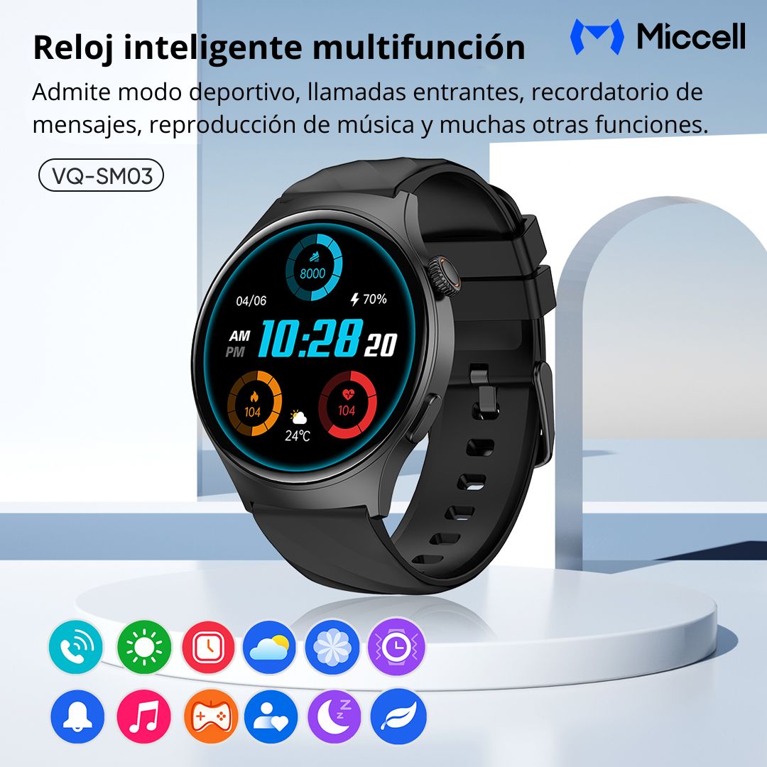 Smartwatch AMOLED 1.43" Llamadas Bluetooth Monitoreo de Salud IP68 Miccell VQ-SM03