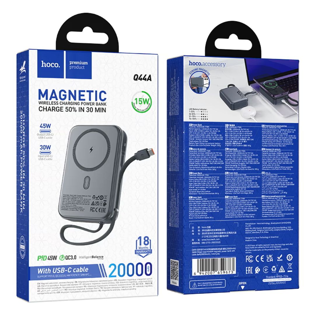 Power Bank Magnético Hoco Q44A 20000mAh PD45W con Carga Inalámbrica 15W
