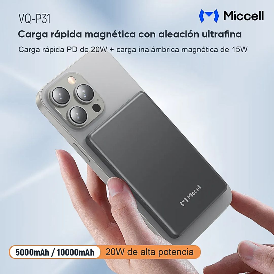 Power Bank Magnético 5000mAh 20W Carga Rápida Inalámbrica 15W USB-C Miccell VQ-P31