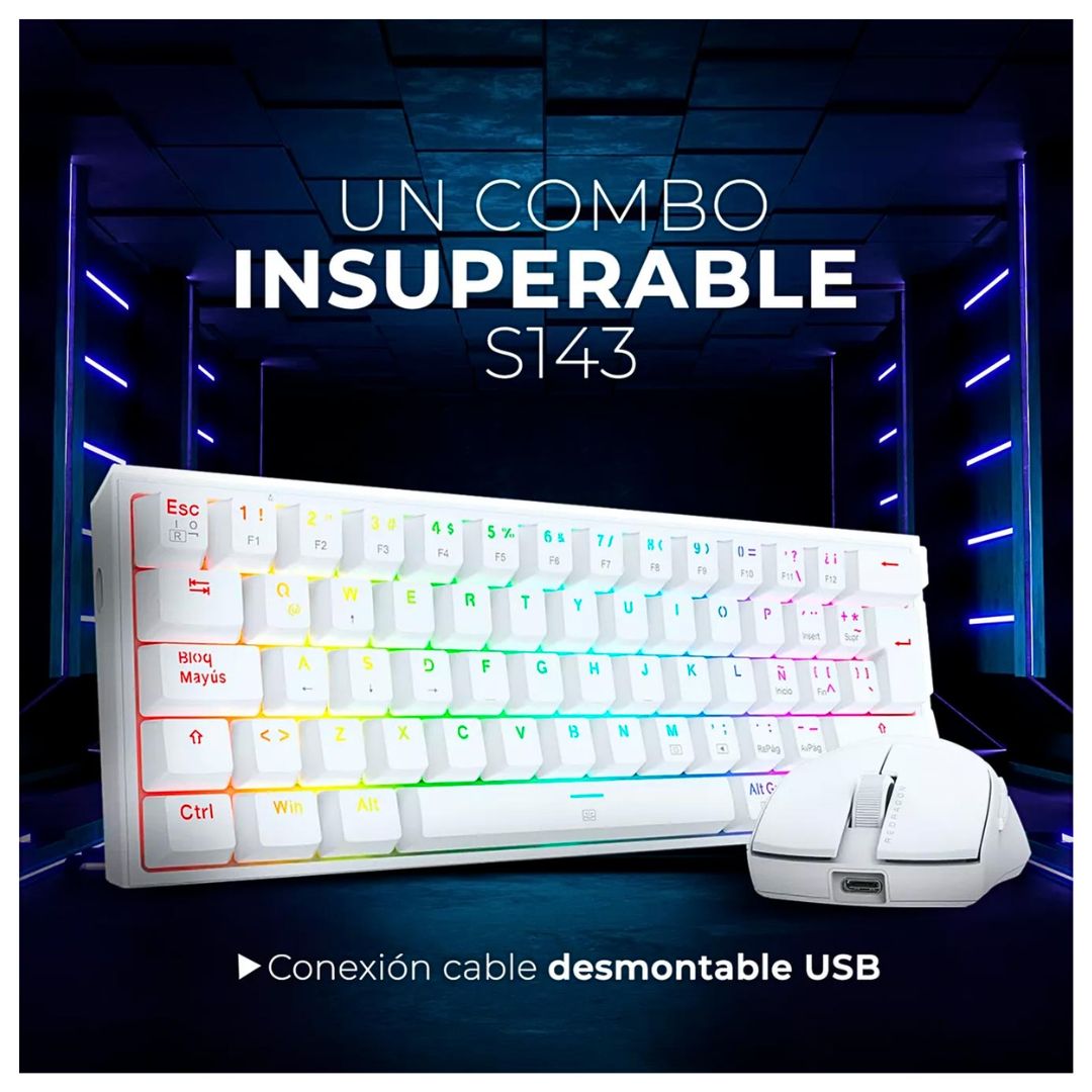 Combo Gamer Redragon S143W Teclado Mecánico 60% RGB y Mouse 12400 DPI con Cable