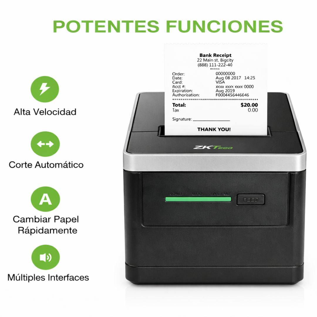 Impresora Térmica de Tickets ZKTeco ZKP8008 80mm USB LAN con Cortador Automático