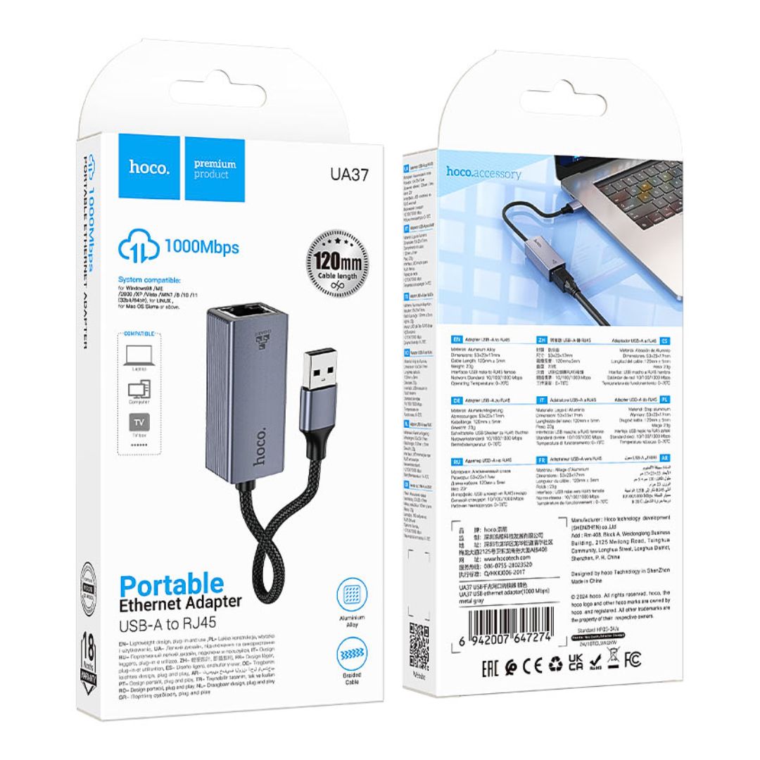 Adaptador USB-A a RJ45 Hoco UA37 Ethernet Gigabit 1000 Mbps para Laptop PC TV y Decodificador