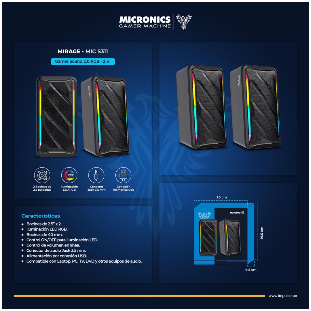Parlantes Gamer Micronics S311 RGB 2.0 USB para PC