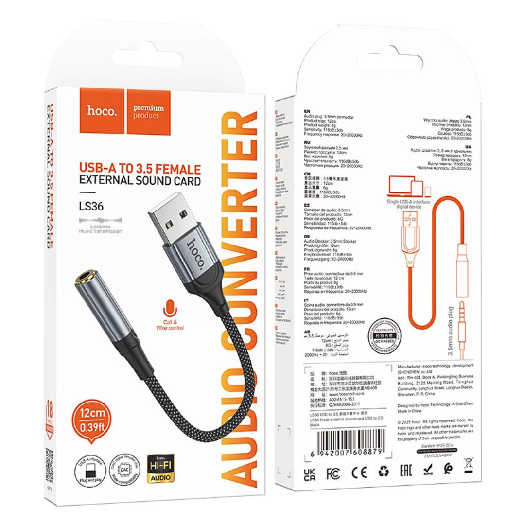 Adaptador USB-A a Jack 3.5 mm Hoco LS36 para Audífonos Micrófono y Llamadas