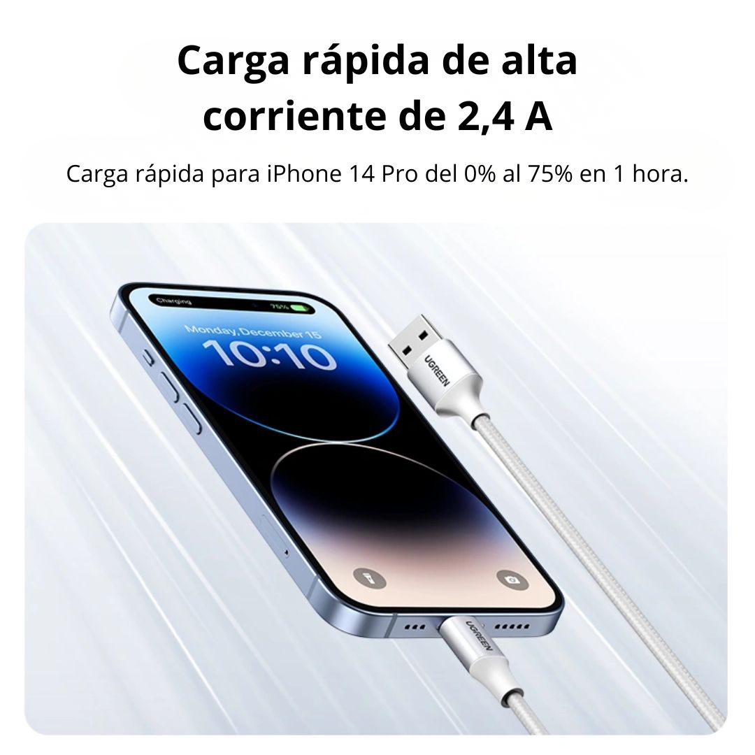 Cable USB-A a Lightning UGREEN US199 1m MFi 2.4A Trenzado 2.4A para iPhone y iPad