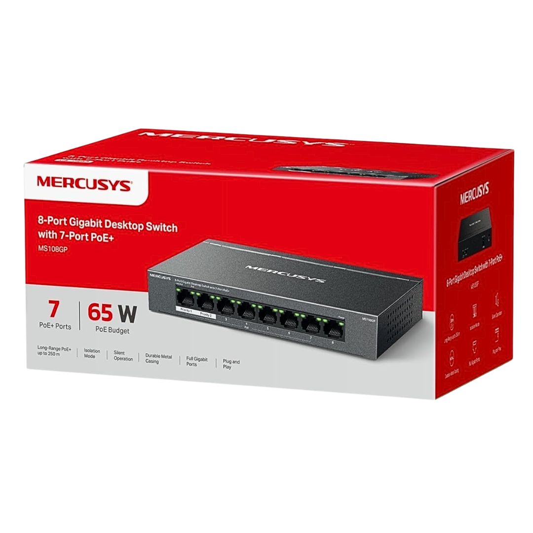 Switch PoE+ Gigabit 8 Puertos Mercusys MS108GP 7 PoE+ 65W para Cámaras IP
