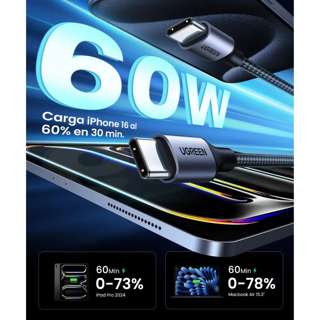 Cable USB-C a USB-C UGREEN US261 60W 1m Carga Rápida PD Trenzado