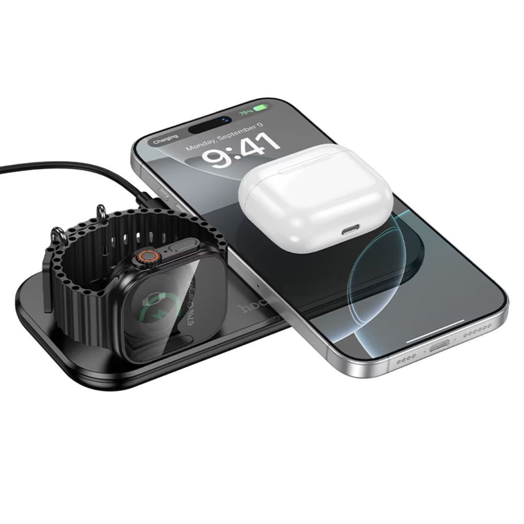 Cargador Inalámbrico Hoco CW65 3 en 1 15W para Celular Audífonos y Apple Watch