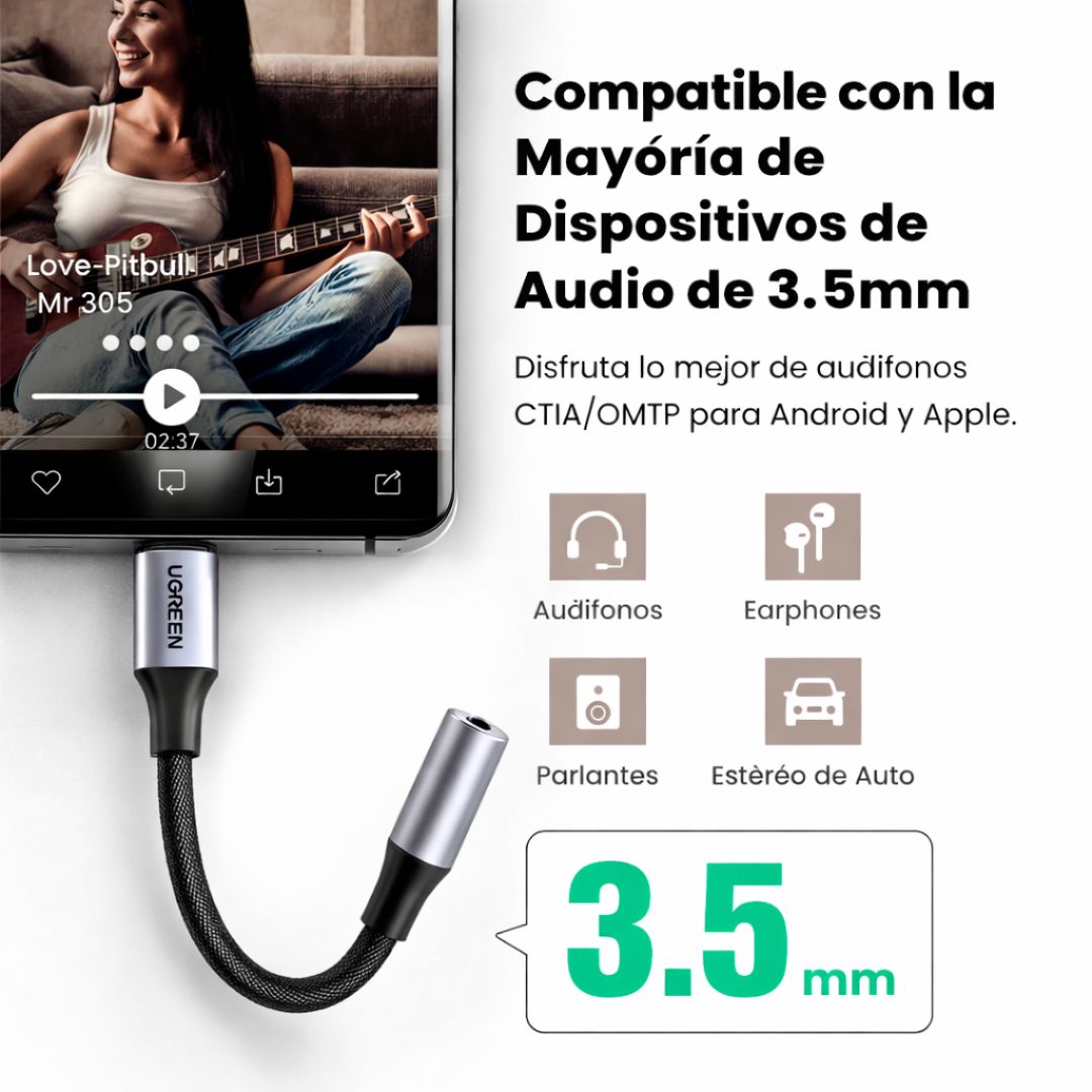 Adaptador USB-C a Jack 3.5mm UGREEN Cable Audio Tipo C a Auxiliar AV142