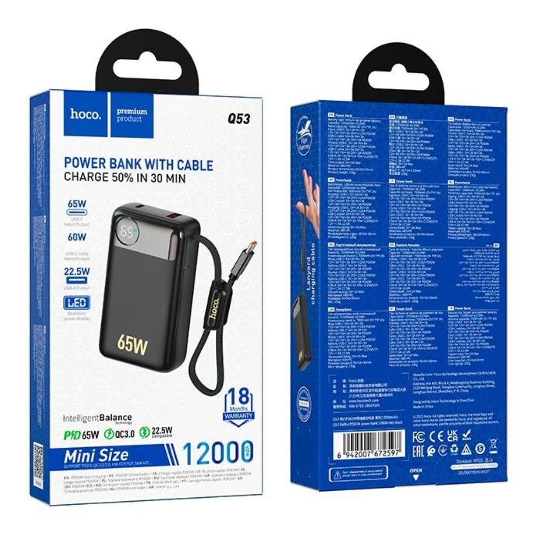 Power Bank Hoco Q53 12000mAh PD65W con Cable USB-C Integrado para Laptop Celular