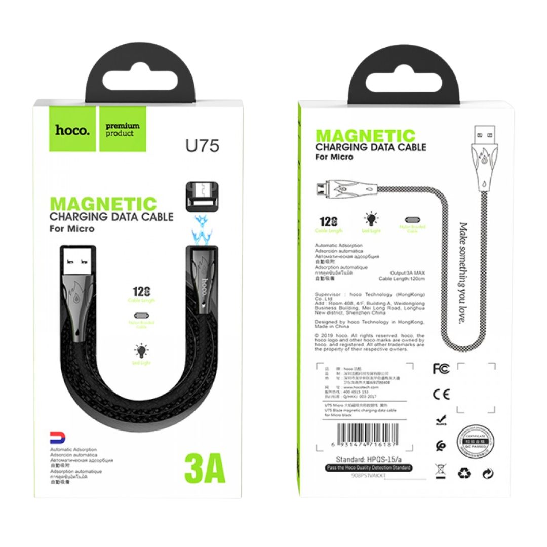 Cable USB a Lightning Magnético Hoco U75 Blaze 1.2 Metros Carga Rápida y Datos 3A