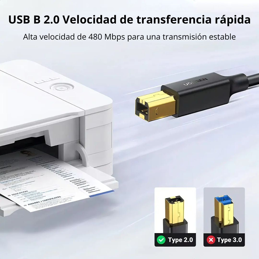 Cable USB para Impresora UGREEN US135 USB-A a USB-B 2m 480Mbps