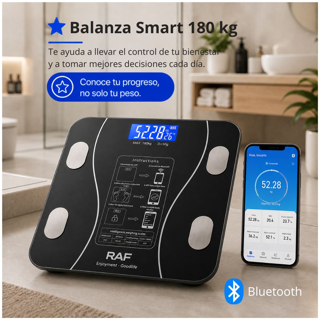 Balanza Digital Inteligente de Baño RAF 180kg Bluetooth App OKOK