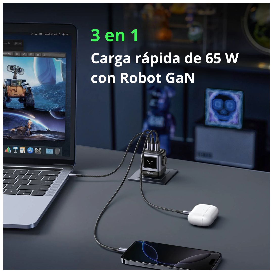 Cargador GaN de Pared UGREEN Uno RG CD361 65W Robot 3 Puertos USB-C USB-A