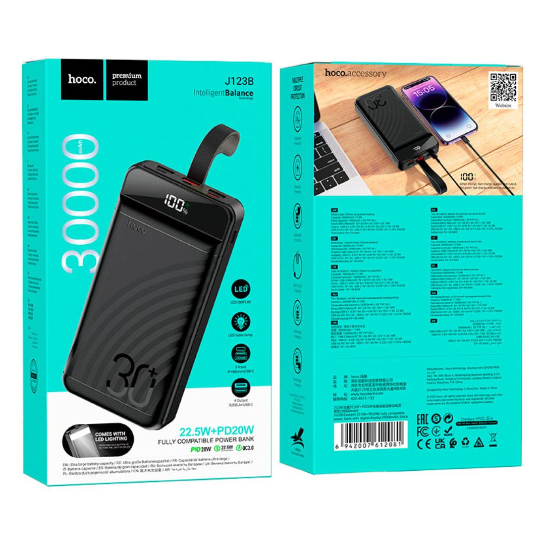 Power Bank 30000 mAh Hoco J123B con Carga Rápida 22.5W PD 20W Pantalla LED y Linterna