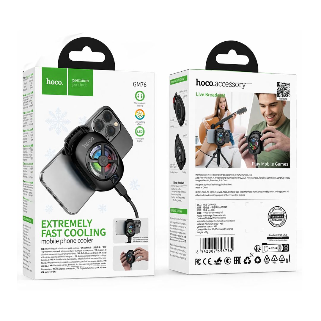 Cooler para Celular Hoco GM76 RGB con Refrigeración Rápida USB-C y 3 Velocidades para Gaming